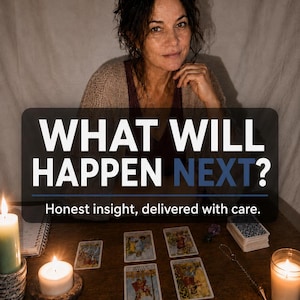 Può includere: Un annuncio per un servizio di lettura dei tarocchi con il testo WHAT WILL HAPPEN NEXT? Honest insight, delivered with care. SAME HOUR PDF e BRUTAL HONESTY. L'immagine mostra quattro carte dei tarocchi, due candele accese e un pendolo in metallo.