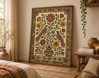 May include: A rectangular framed wall art print featuring a central vase with a flowering plant and two birds. The design includes red, yellow, and green floral motifs, with a decorative border containing small fish and geometric patterns.