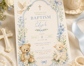 May include: A baptism invitation card featuring a blue and cream colour palette with illustrations of a dove, a teddy bear, and a lamb. The text reads: Please join us to celebrate the baptism of our son Elijah, Tuesday August 11 2026 at 11:00 AM.