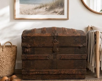 Antique Dome Top Steamer Trunk, Vintage Wood Metal Storage Chest, Rustic Coastal Decor