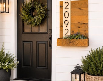 Personalized Wooden Address Sign with Planter Box, Coastal Porch Decor