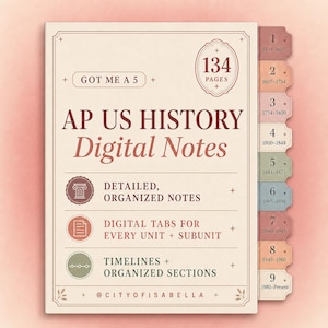 Könnte beinhalten: Ein digitaler Studienführer mit dem Titel AP US HISTORY Digital Notes mit 134 Seiten. Das Cover enthält Text, Symbole und neun farbige Seitenregister, die von 1 bis 9 nummeriert sind und Zeiträume von 1491 bis heute angeben. Das Design ist cremefarben.