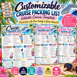 May include: A digital cruise packing list template featuring a tropical beach background with palm trees and a cruise ship. The document includes sections for cruise essentials, clothing, swim and beach gear, toiletries, tech, and embarkation day items.