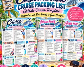 May include: A digital cruise packing list template featuring a tropical beach background with palm trees and a cruise ship. The document includes sections for cruise essentials, clothing, swim and beach gear, toiletries, tech, and embarkation day items.