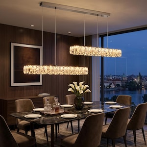 Double Crystal Linear Suspension Chandelier – Modern Dining Room, Kitchen Island Light