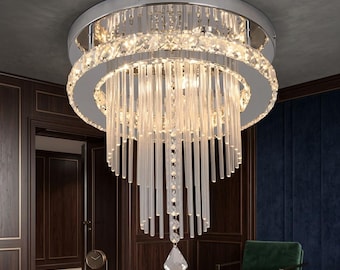 Modern Crystal Ring Chandelier, Gold Flush Mount LED Pendant Light, Glam Foyer Decor