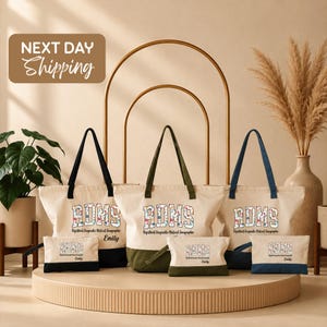 May include: Three canvas tote bags and three matching zippered pouches in black, olive green, and navy blue. Each item features the text RDMS, the phrase Registered Diagnostic Medical Sonographer, and the name Emily in a floral-patterned font.