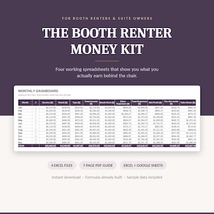Puede incluir: Un producto digital titulado The Booth Renter Money Kit que presenta una hoja de cálculo de panel mensual con columnas para servicios, ventas, propinas, ingresos, alquiler, gastos, ganancias, impuestos y salario neto.