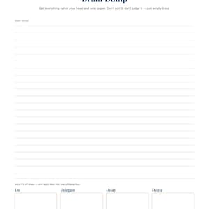 May include: A white paper template titled Brain Dump with a CuraMentis logo, featuring lines for writing, and a bottom section with four boxes labeled Do, Delegate, Delay, and Delete. The text reads: Get everything out of your head and onto paper.