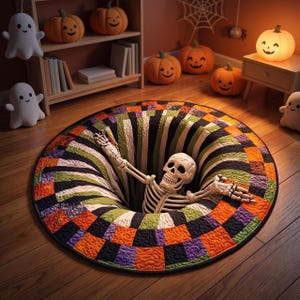 Peut inclure: Un tapis rond présentant une illusion d'optique de trou profond avec un squelette émergeant du centre. Le tapis a une texture matelassée avec un motif à carreaux orange, violet, vert et noir, créant un effet 3D sur le sol.