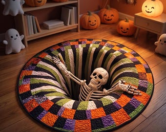3D Illusion Skull Vortex Round Rug, Halloween Horror Skeleton Carpet, Non Slip Floor Mat, Living Room Bedroom Decor, Spooky Gift