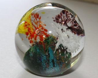 Hand Blown Glass Art Paperweight - Vintage - Millefiori Design - Flowers - Multi Colors - Collectibles - Glass Art