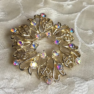 Iridescent Aurora Borealis Rhinestone Brooch-Vintage Wedding-Bridal Brooch-Gold Toned-Leaf Design