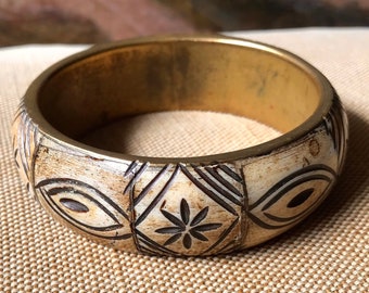 Bone and Brass Bangle Bracelet-Inlaid Bone-Brass Spacers-Carved Bone-1980s-Tribal-Boho-Hippie-Etched Design-Collectibles