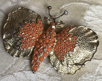 Unique Butterfly Brooch-Vintage-Gold Toned-Orange Beads-Orange Wedding Brooch-Butterfly Pin