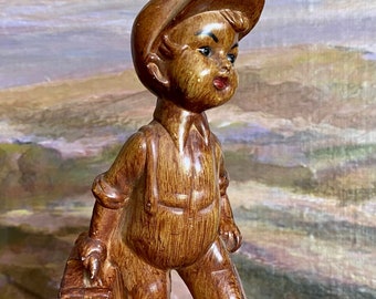 Retro Faux Wood Boy Figurine-Hong Kong-1950s-Plastique-Vintage Figurines-Mid Century-Boy with Suitcase