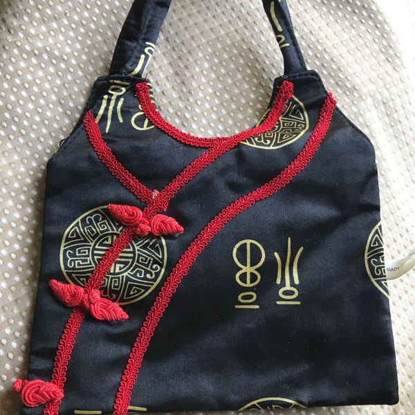 Asian Tote Bag-BlackSatin-Red-Small Tote Bag-Boho-Black Bag-Gold-Black Asian Bag-Hippie-Asian Design