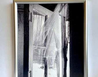 Torn Curtain-Abandoned Bungalow-Framed 8 x 10 Black and White Photograph-Hudson Valley NY-New Paltz-Silver Frame