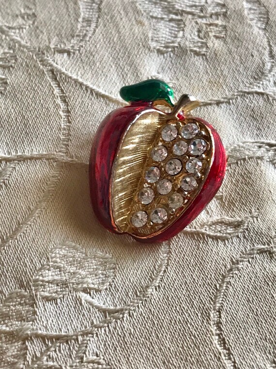 Enamel Apple Brooch-Red Apple-Rhinestones-Apple Pin-Teacher Gift