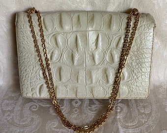 Cream Faux Crocodile Purse-Adjustable Gold Chain Strap- Shoulder Bag or Top Handle Bag-Reptile