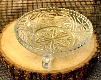 Cut Glass Serving Dish-One Handle-Vintage Serving Dish-Clear Glass-Relish Dish-Candy Dish-Soap Dish