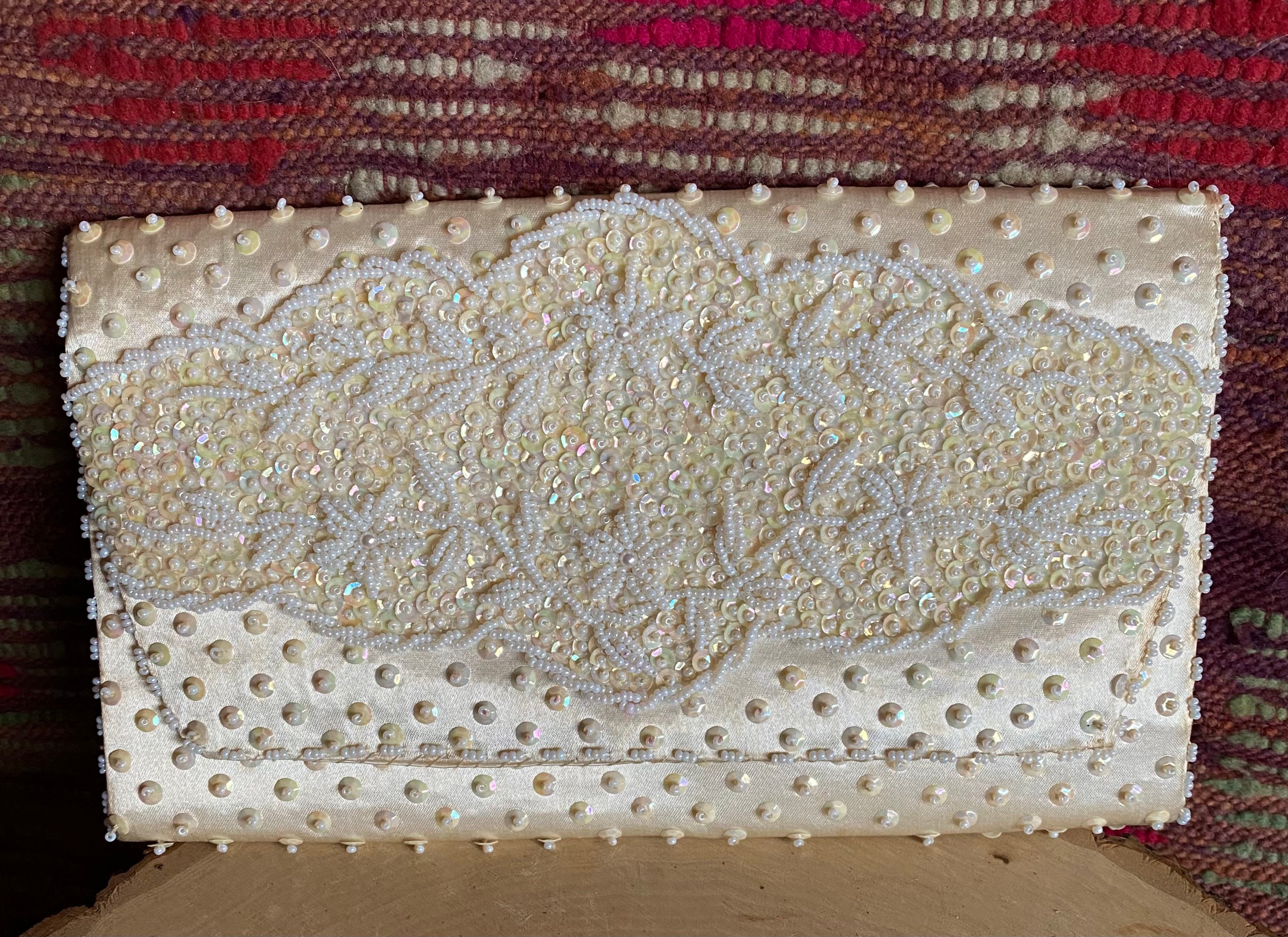 Wedding Purse-white Beaded Clutch-fold Over Design-vintage - Etsy