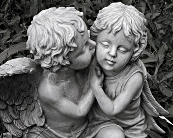 The Kiss - 8 X 10 or 11 X 14 Print - Angels - Photography - Black and White - Art - Rustic Chic - Home Decor - Nursery Decor - Cherubs