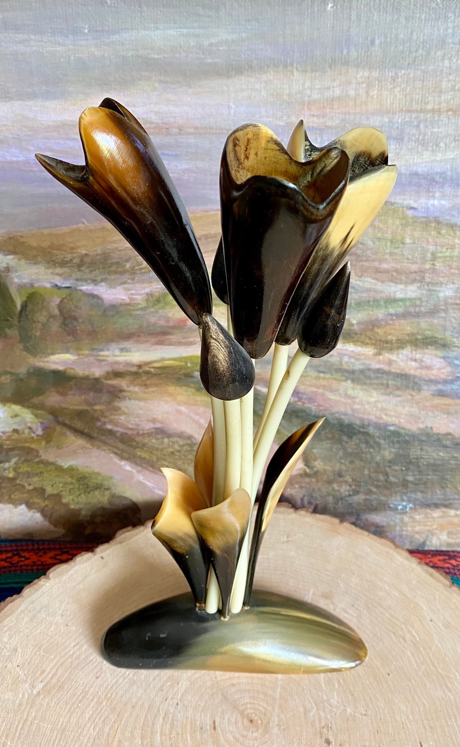 Vintage Hand Carved Horn Flower Bouquet Sculpture-art-home Decor