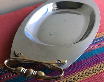 Vintage Silver Chrome Bread Serving Tray-Kromex-Retro-Gold Tone Ornate Handles-Relish Serving Tray-Mid Century-Made in the USA-1960s