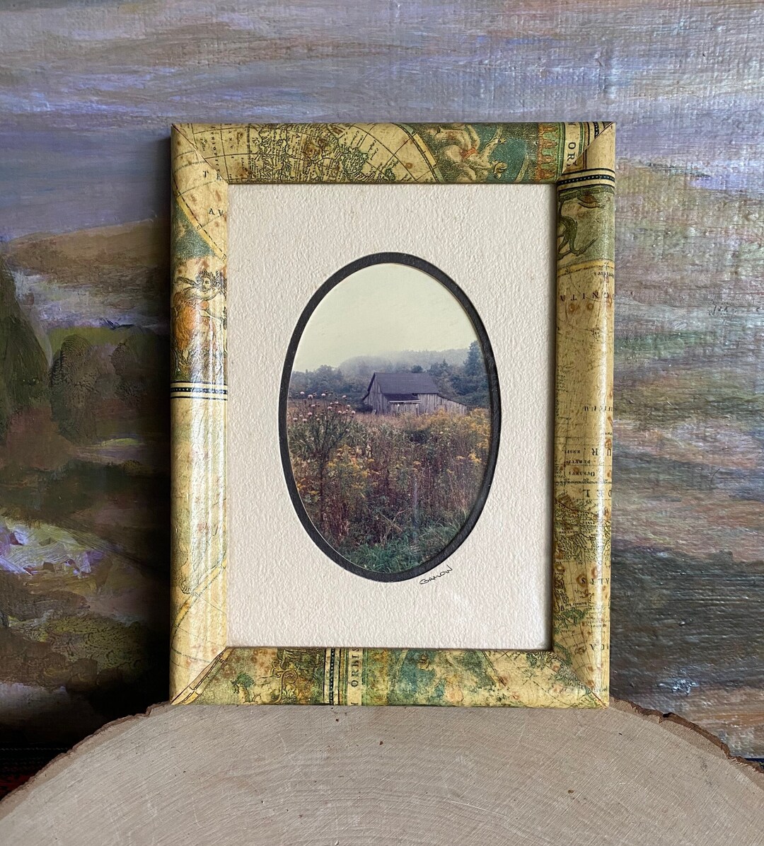 Vintage Framed Barn Photograph-map Frame-double Mat-oval-farm-mist ...