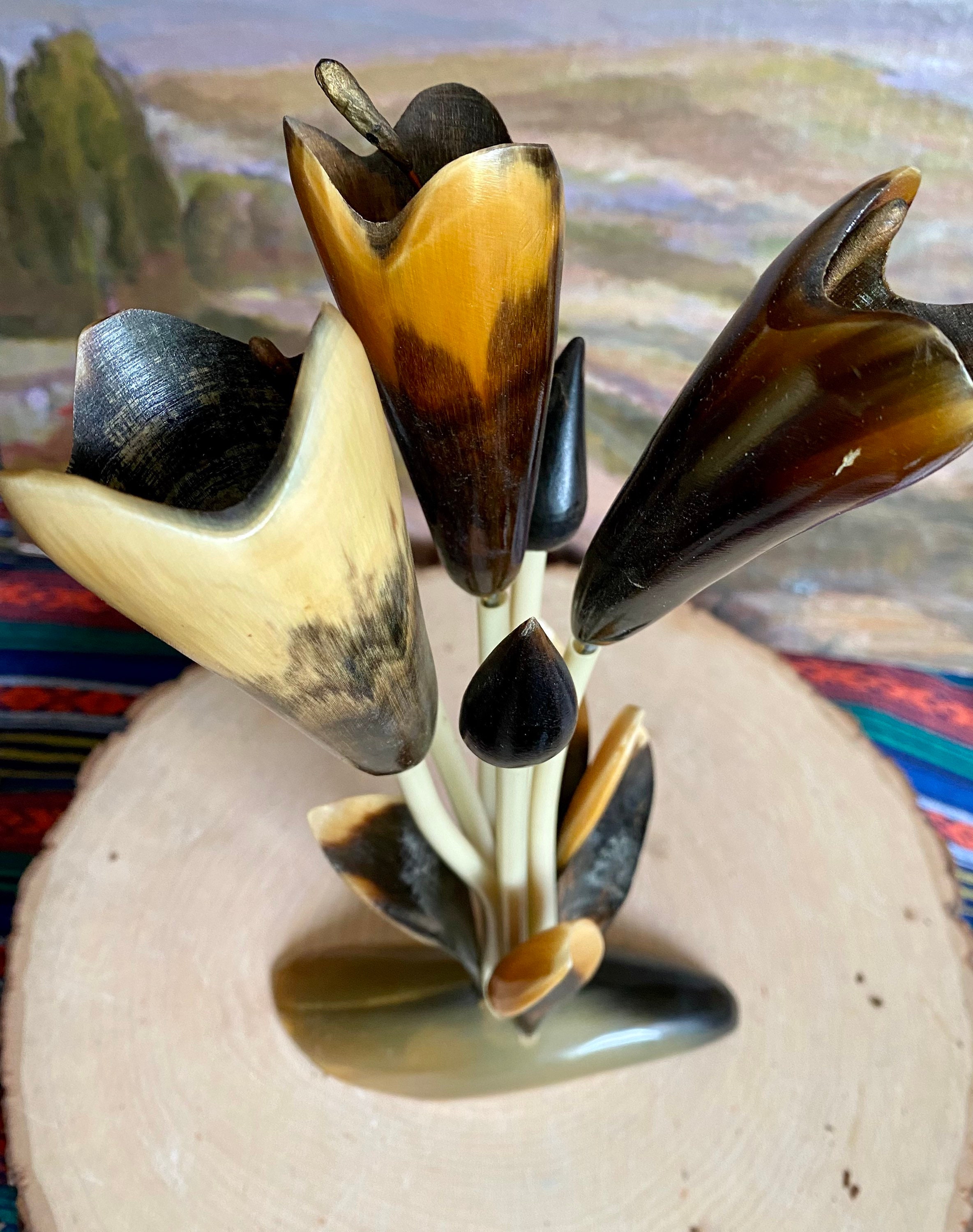 Vintage Hand Carved Horn Flower Bouquet Sculpture-art-home Decor