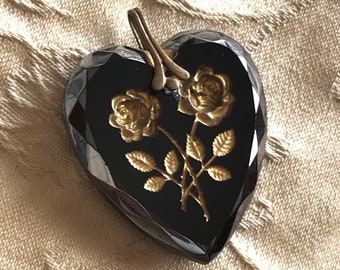 Vintage Black  Heart Pendant-Engraved Roses-Gold Engraved Roses-No Chain-Heart Jewelry