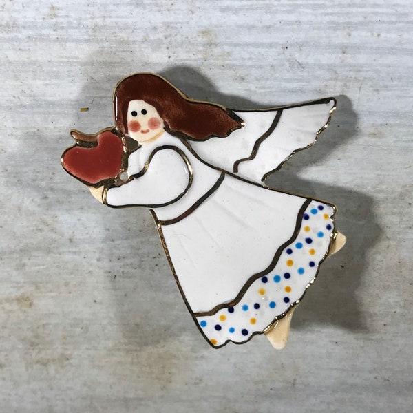 Ceramic Angel Pin-Hand Painted Ceramic Pin-Heart-Brooch-Vintage Angel Pin-Glazed Clay Pin-Collectibles-Angels