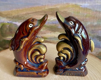 Vintage Ceramic Dolphin Salt and Pepper Shakers-Retro-Florida Souvenir-Collectibles-Brown-Gold-Glazed Pottery