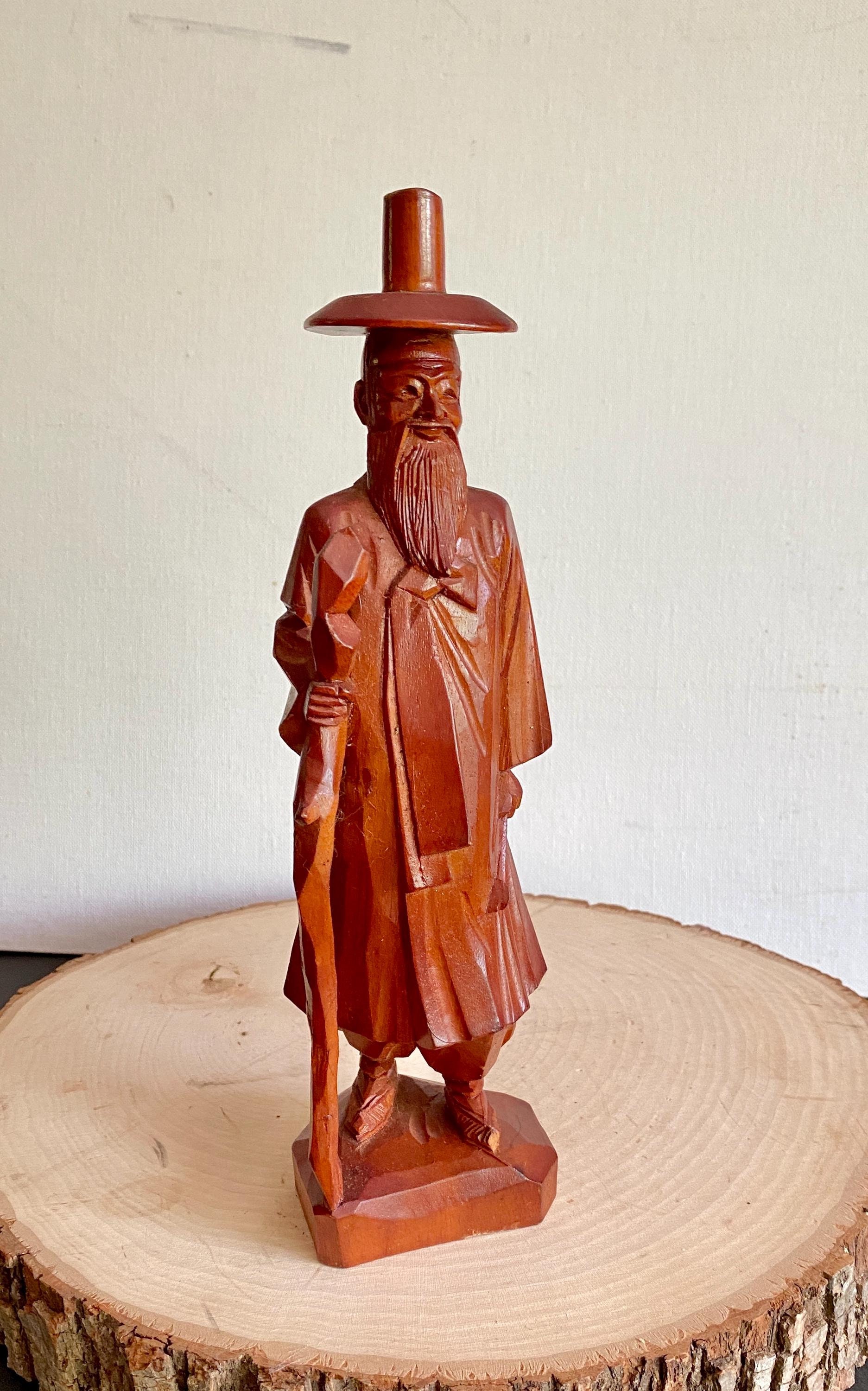 Vintage Hand Carved Asian Man With Walking Stick and Pipe-brown