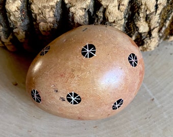 Vintage Kisii Stone egg-Soapstone-Kenya-Hand Carved-Beige Egg-African-Tribal-Star Design