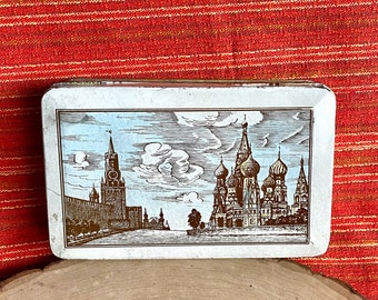 Vintage USSR Candy Tin-Kremlin-Lobster Tail-1958-Collectibles-Moscow-Mid Century-Trinket Box-Home Decor