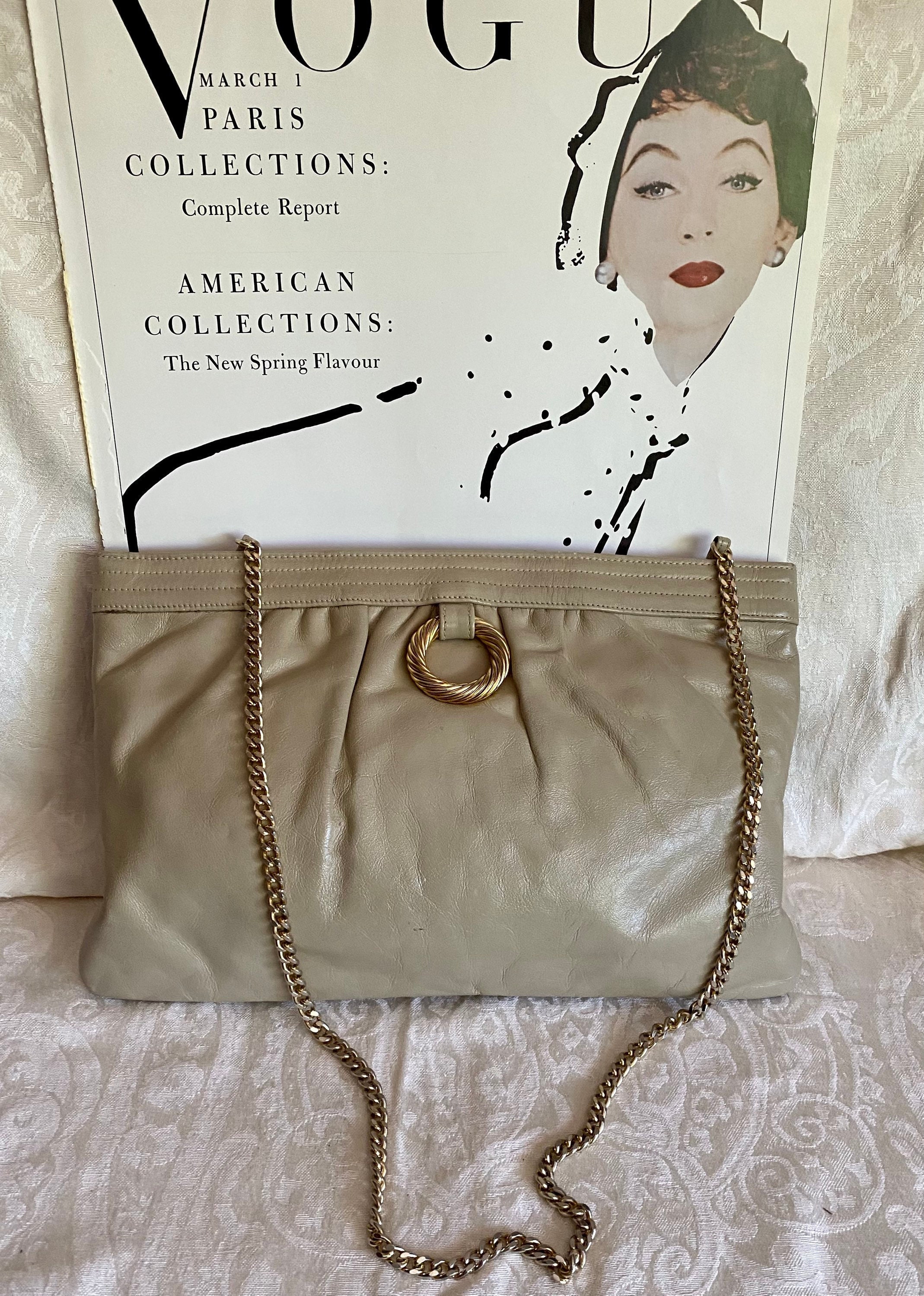 Beige Leather Morris Moskowitz Shoulder Bag clutch Bag gold Ornament gold Chain Etsy