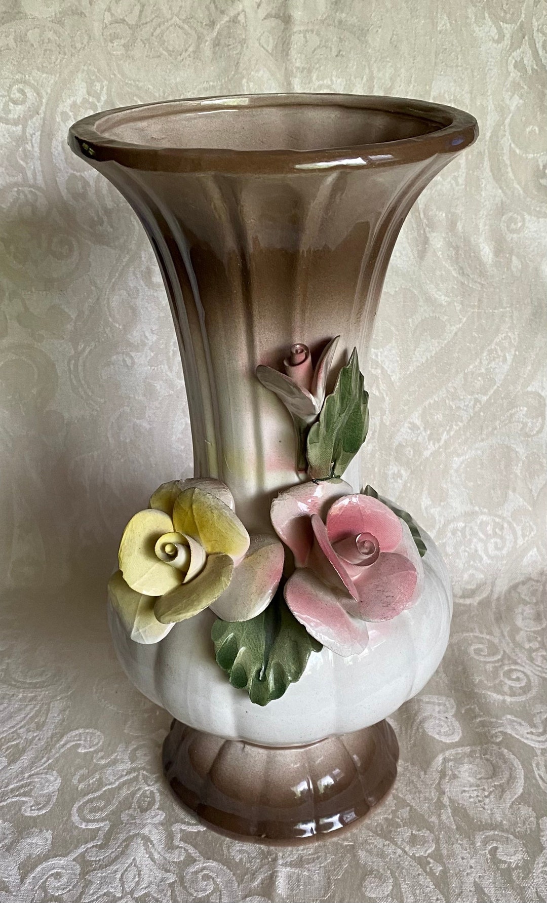 Italian Porcelain Nuova Capodimonte Vasehand Painted Pink and Yellow