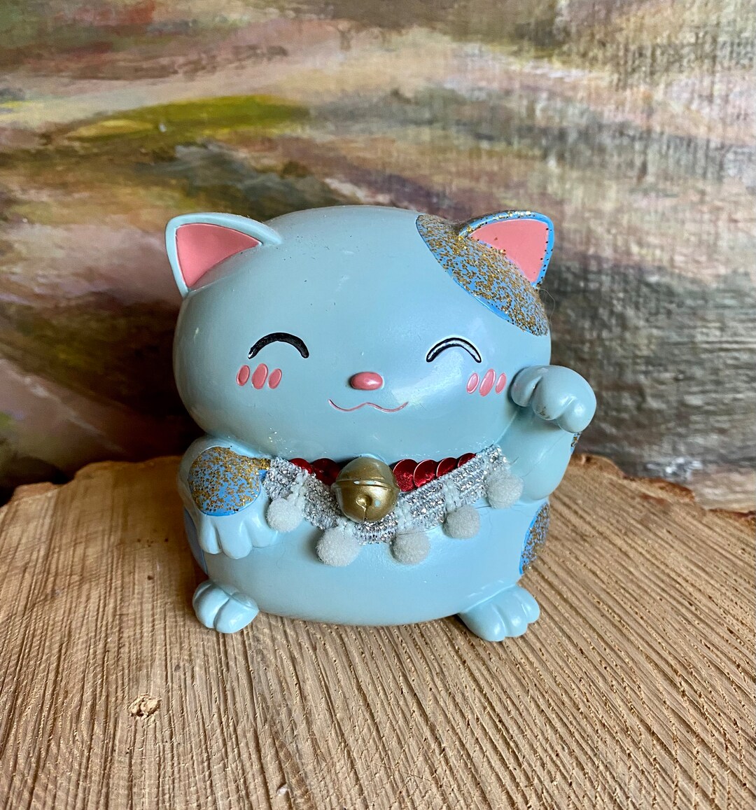 Vintage Blue Ceramic Lucky Cat Coin Bank-piggy Bank-japan Vintage Blue Ceramic Lucky Cat Coin Bank-piggy Bank-japan