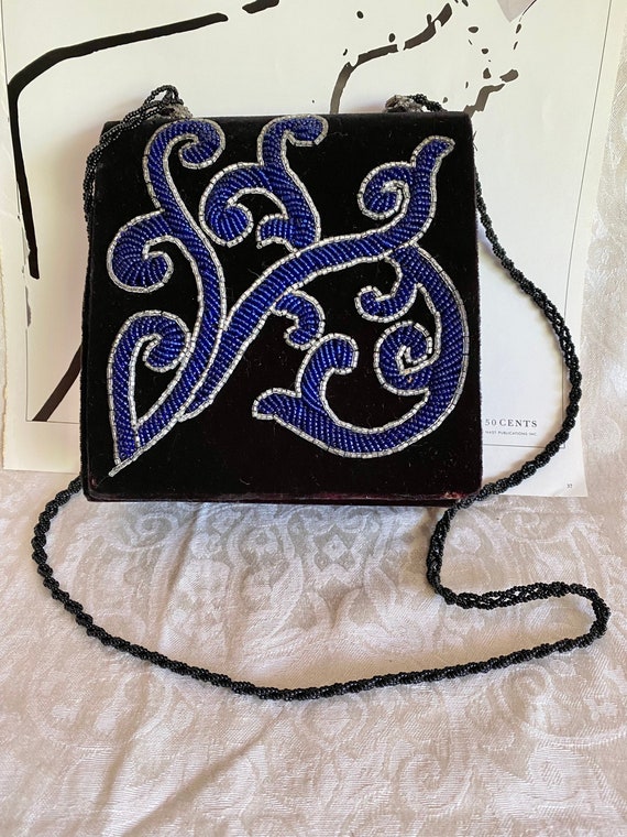 Vintage Milor Black Velvet Beaded Purse-Blue and S