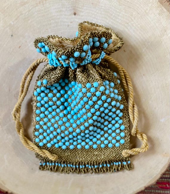 Vintage Blue and Gold Bead Pouch-Collectibles-Rope Cord