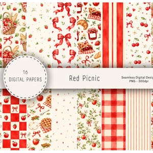 Puede incluir: Una colección de 16 papeles digitales titulada Red Picnic, con patrones sin costuras de lazos rojos, fresas, cerezas, cestas de picnic, estampados de cuadros rojos y blancos, diseños de rayas e ilustraciones de productos horneados sobre fondo crema.