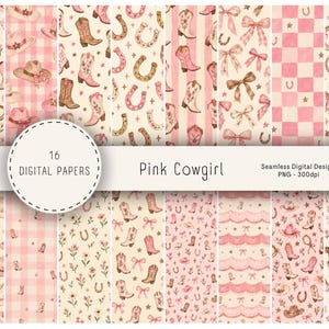 Peut inclure: Une collection de 16 papiers numériques sur le thème Pink Cowgirl avec des illustrations aquarelles de bottes de cow-boy, chapeaux, chevaux, fers à cheval, nœuds et motifs floraux sur des fonds à carreaux, rayés et unis avec le texte 16 DIGITAL PAPERS.