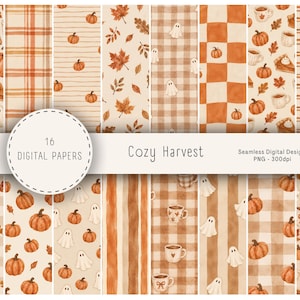 Puede incluir: Una colección de 16 papeles digitales titulada Cozy Harvest, que presenta patrones sin costuras con ilustraciones en acuarela de calabazas naranjas, hojas de otoño marrones, fantasmas blancos, tazas de café y fondos a cuadros o rayas.