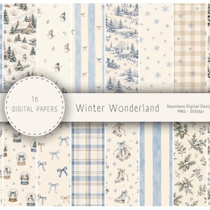Könnte beinhalten: Eine Sammlung von 16 nahtlosen digitalen Papieren Winter Wonderland im PNG-Format mit 300dpi. Die Muster zeigen blaue und beige Farbpaletten mit Illustrationen von Schneemännern, Tannenbäumen, Schneeflocken, Schlittschuhen und Schleifen.