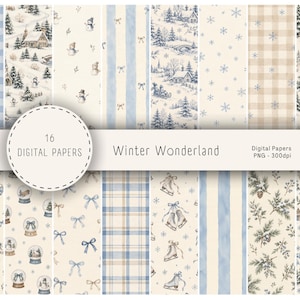 May include: A collection of 16 digital papers titled Winter Wonderland, featuring patterns of blue and beige plaid, stripes, snowflakes, snowmen, pine trees, ice skates, bows, and winter landscapes in PNG format at 300dpi.