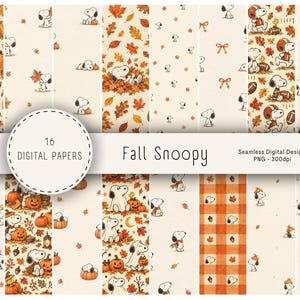 May include: A collection of 16 digital papers featuring Snoopy in various fall-themed scenes with pumpkins, autumn leaves, and footballs. The patterns include orange plaid, scattered leaves, and Snoopy characters on a cream background with text.
