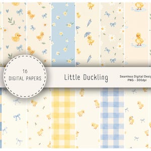 Könnte beinhalten: Eine Sammlung von 16 nahtlosen digitalen Papieren mit dem Titel Little Duckling, die Aquarellillustrationen von gelben Entenküken, blauen Schleifen, Gänseblümchen, Regenschirmen und Karomustern in sanften Pastelltönen in Gelb, Blau und Creme zeigt.