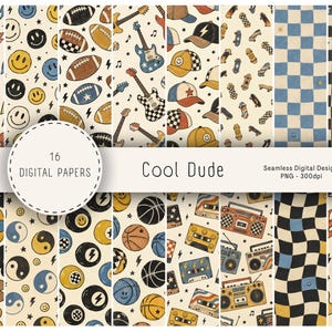 Cool Dude Digitalt Papperspaket, Retro Skater Seamless Mönster, Smiley Schackbräde Sport Scrapbook Papper, 16 PNG Bakgrunder